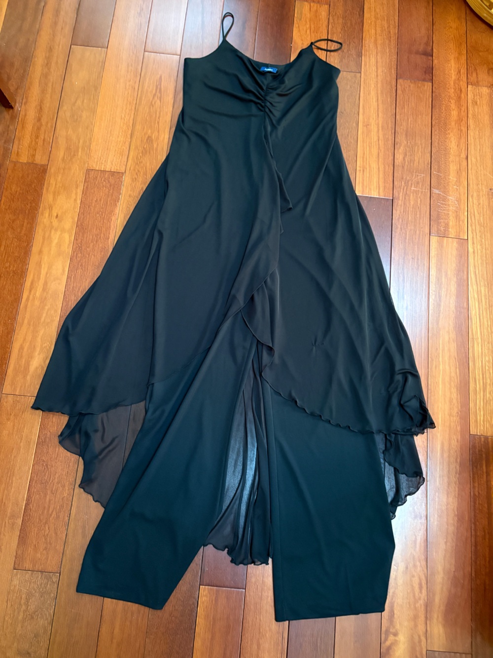 Reitmans Black Spaghetti-Strap Jumpsuit with Draped Overlay